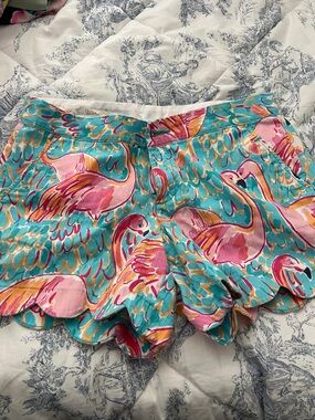 Lilly Pulitzer Pink & Aqua Flamingo Scalloped-Hem High-Waist Shorts